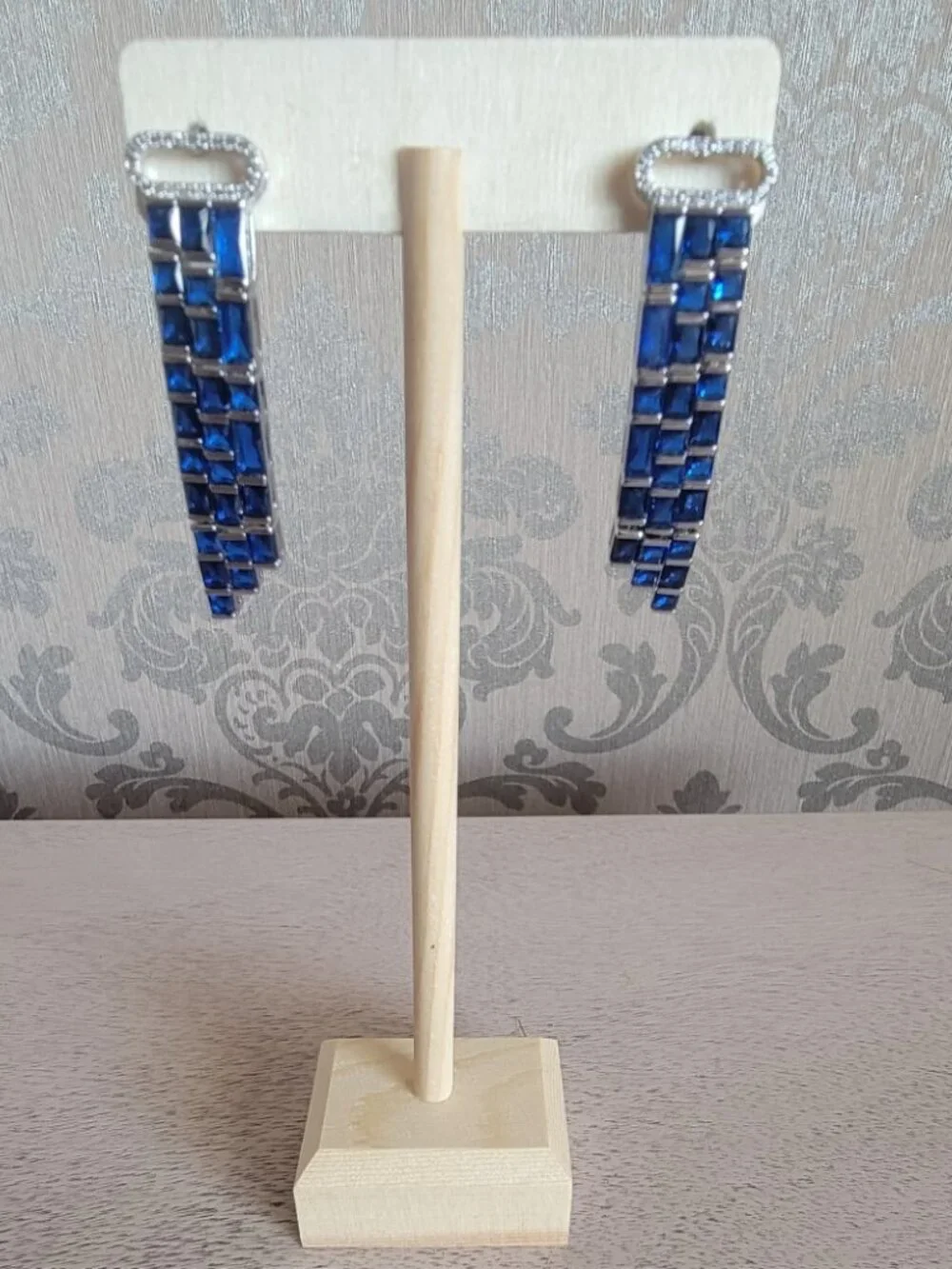 Blue Glass and Simulated Diamond Earrings in Silver Tone